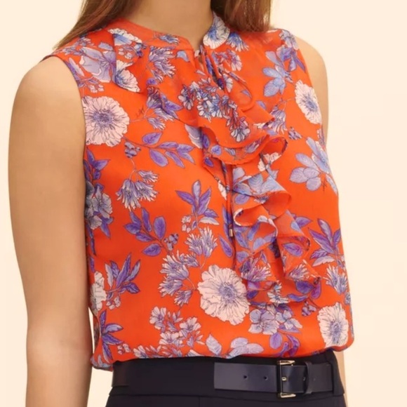 Tommy Hilfiger Floral Print Ruffle Trim Top Grenadine Large NWT - Picture 1 of 6